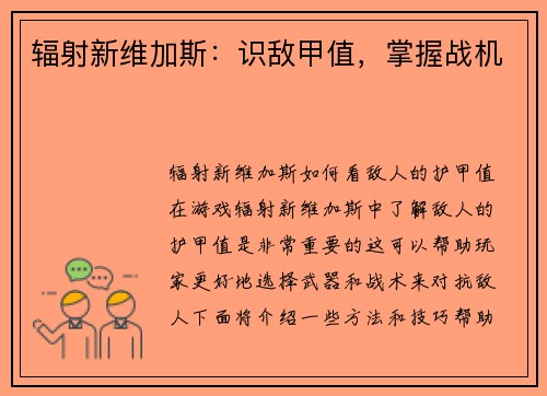 辐射新维加斯:识敌甲值,掌握战机
